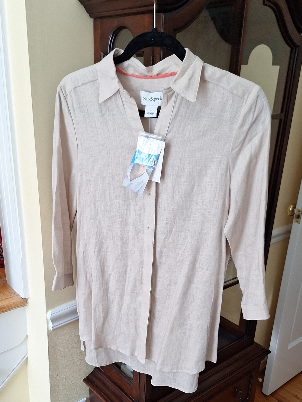 Peck & Peck Stylish Beige Lightweight 100% Linen Button-Down Tunic, New w/ Tags
